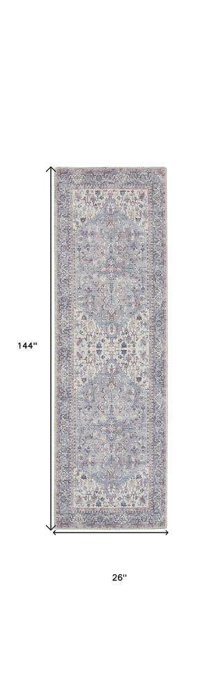 12' Ivory And Black Floral Distressed Runner Rug