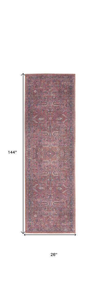 12' Blue And Red Floral Distressed Runner Rug