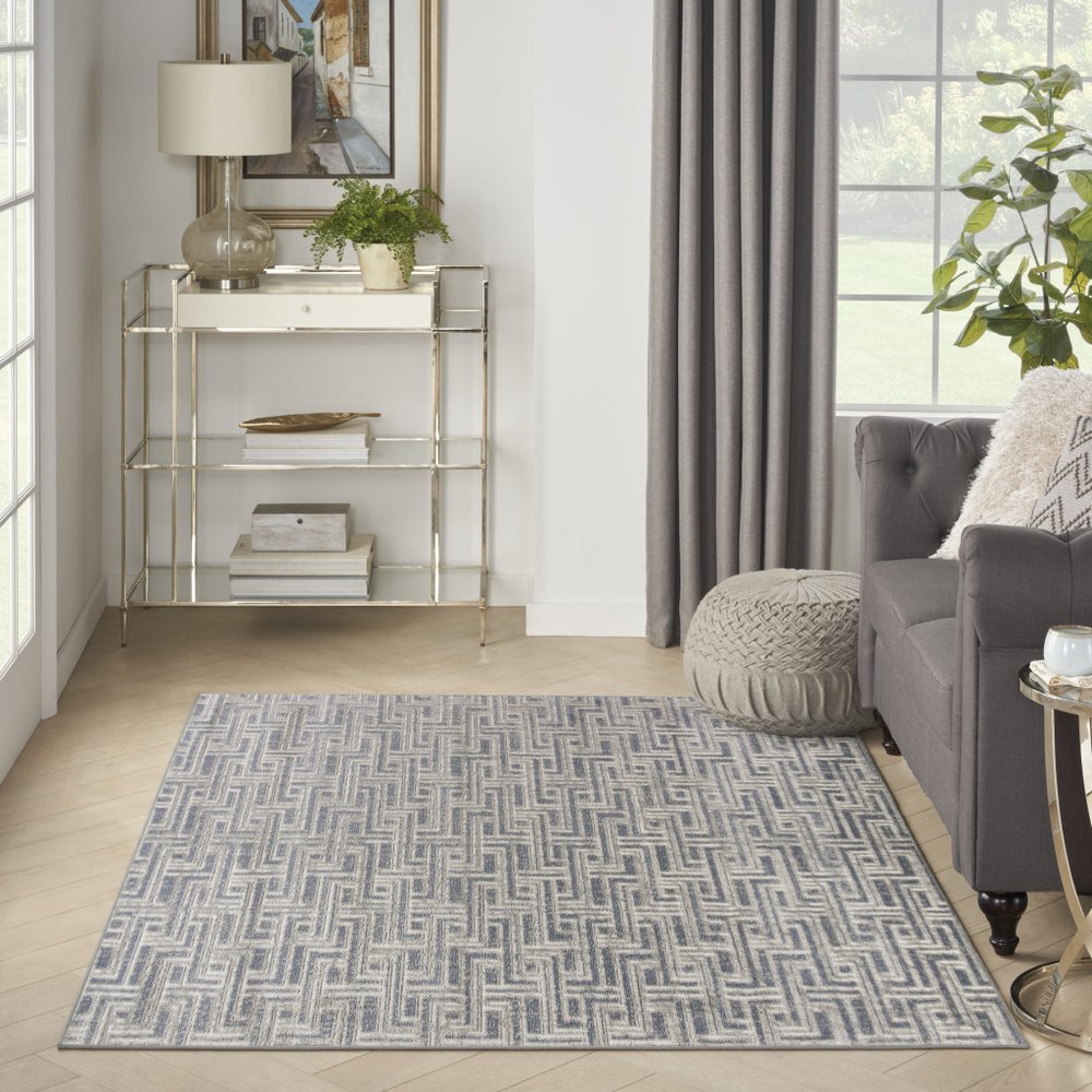 4' X 6' Blue Geometric Distressed Area Rug