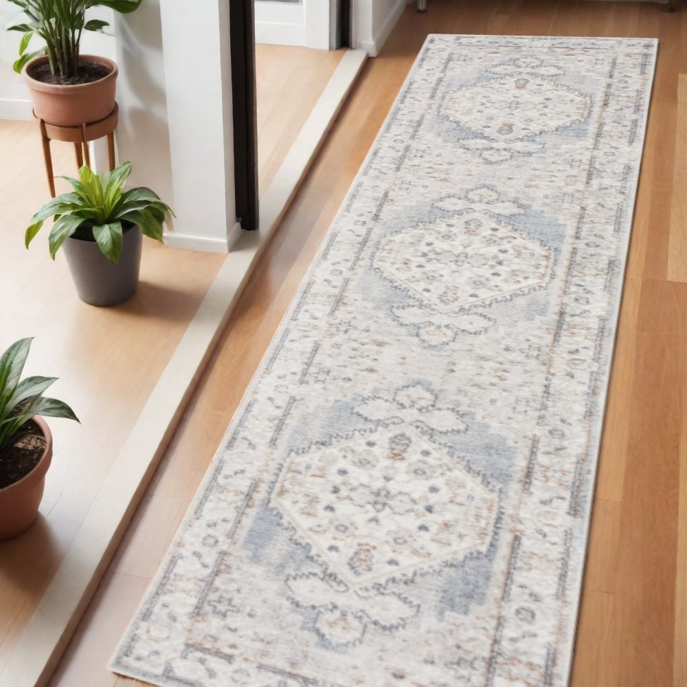 6' Blue Oriental Distressed Runner Rug