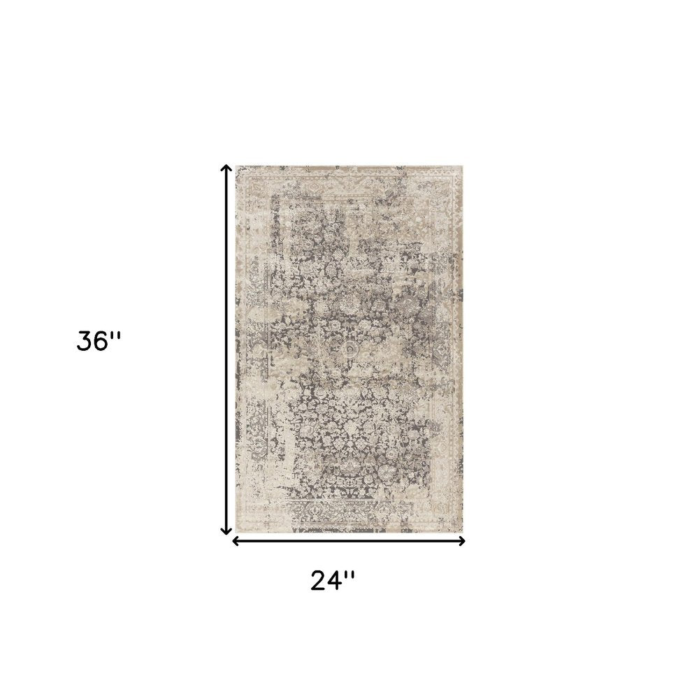 7' Gray Floral Runner Rug