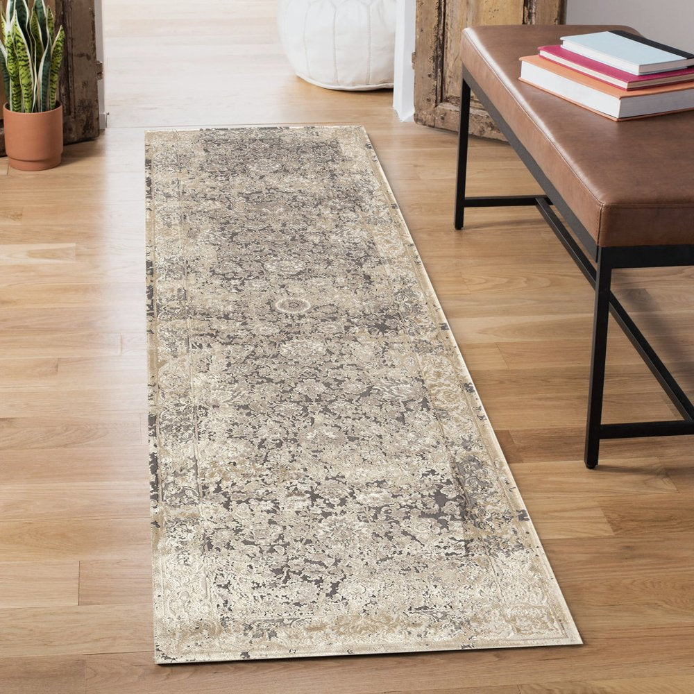 7' Gray Floral Runner Rug
