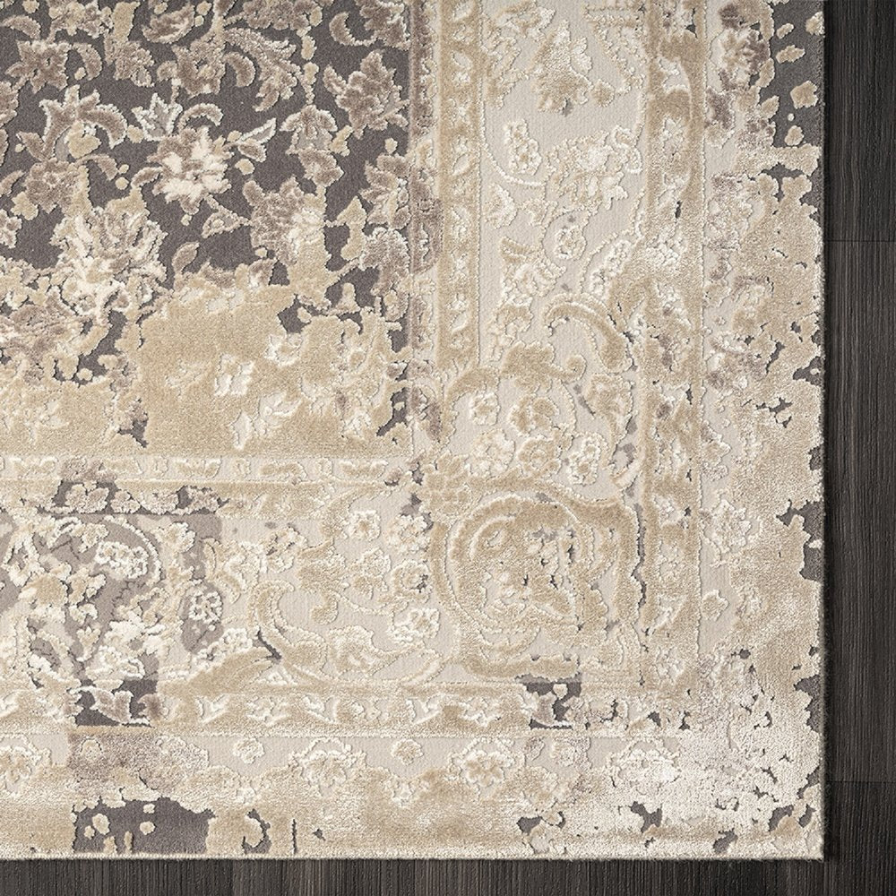 7' Gray Floral Runner Rug