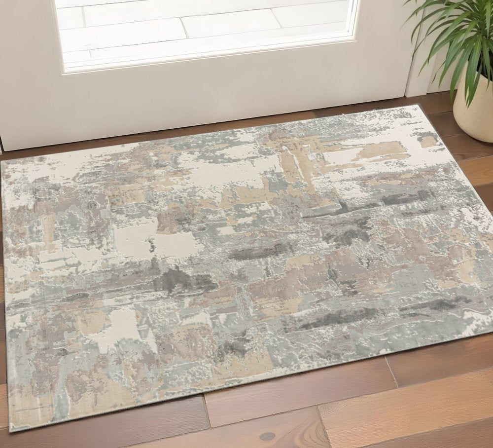 7' Blue And Beige Abstract Runner Rug
