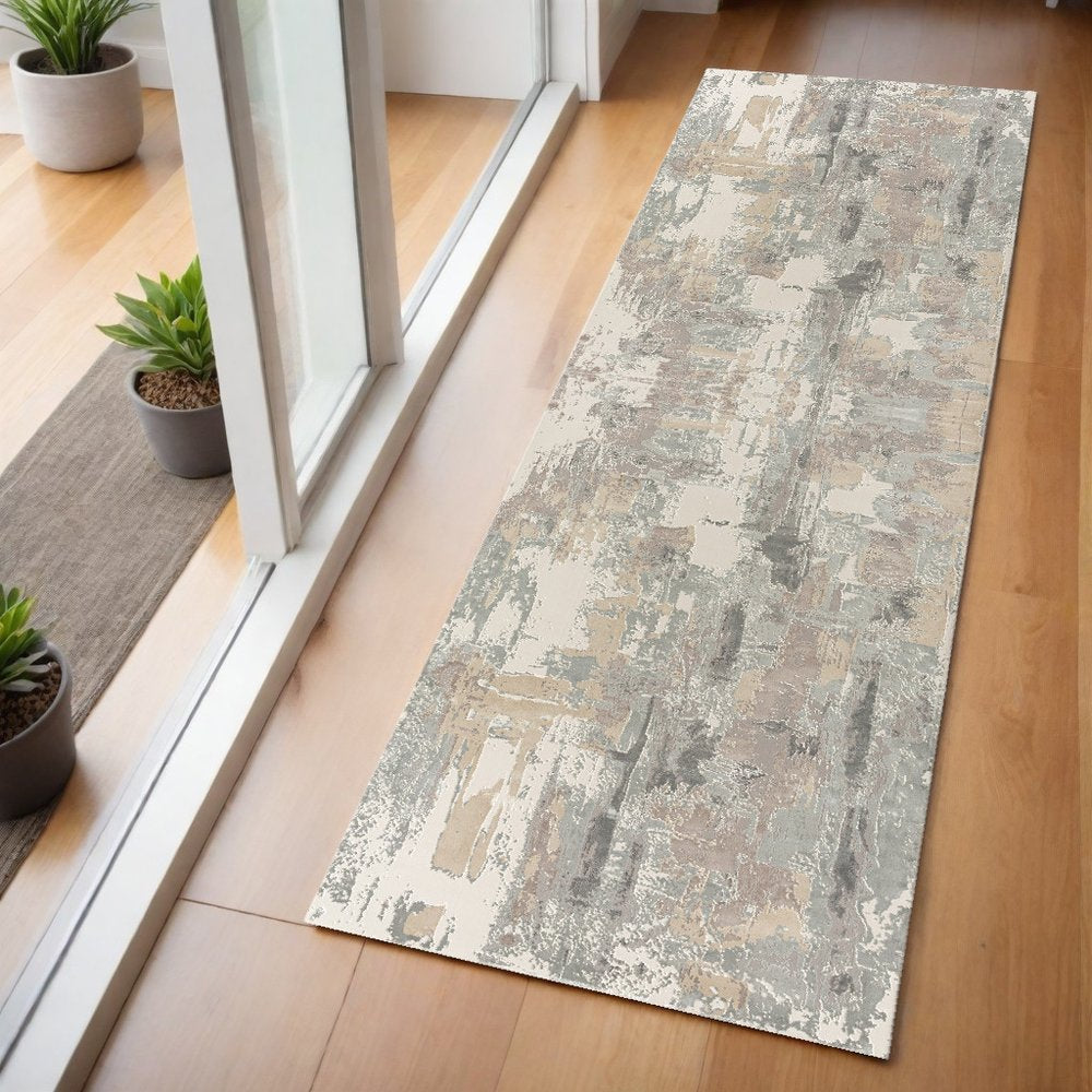 7' Blue And Beige Abstract Runner Rug