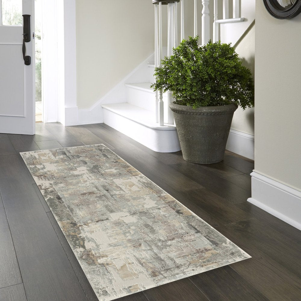 7' Blue And Beige Abstract Runner Rug