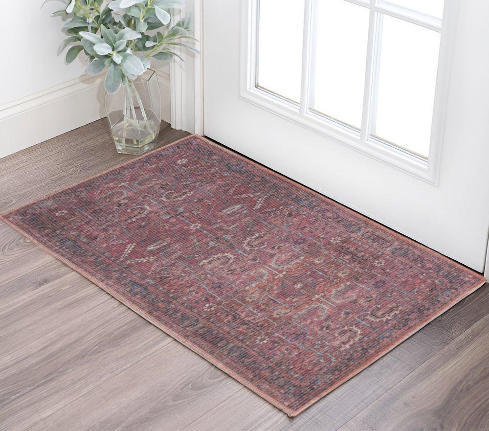 3' X 5' Blue and Red Floral Power Loom Distressed Area Rug
