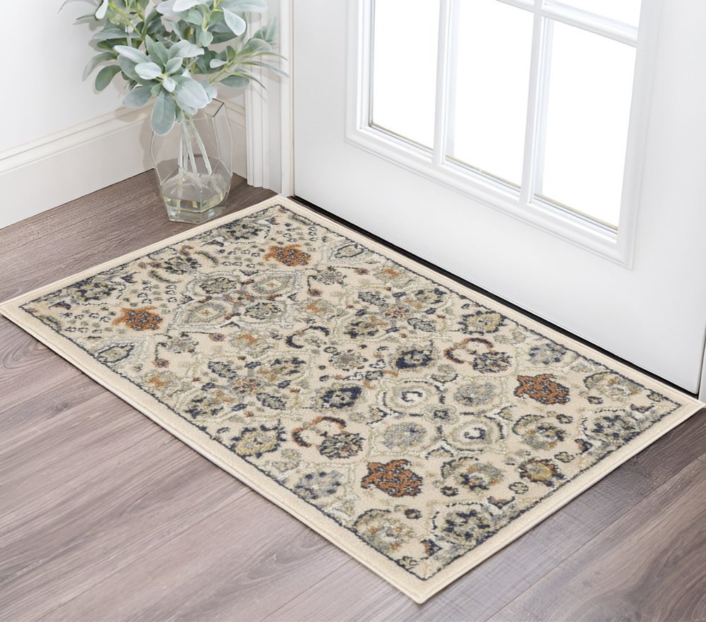 3' X 5' Beige And Blue Floral Area Rug