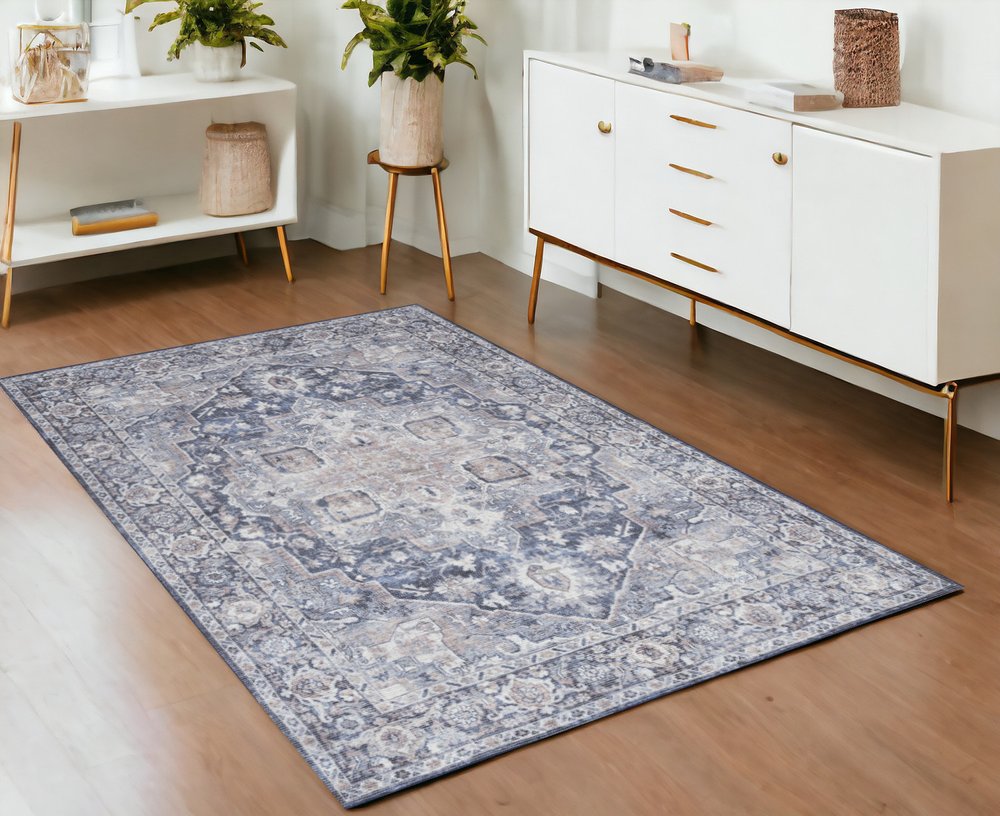4' X 6' Ivory And Blue Floral Distressed Area Rug