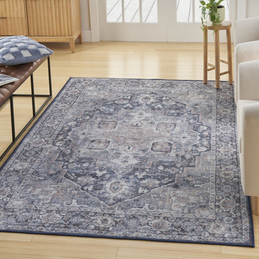 4' X 6' Ivory And Blue Floral Distressed Area Rug
