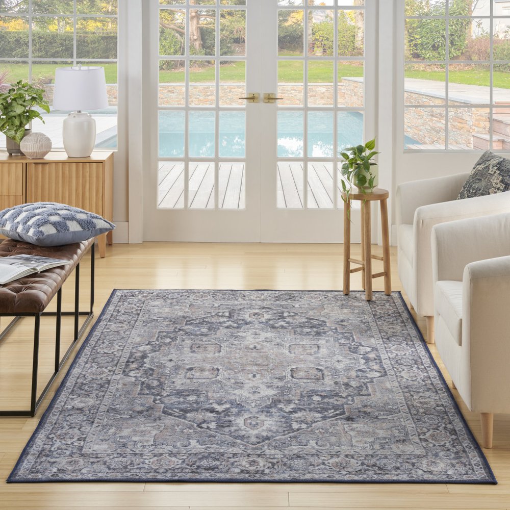 4' X 6' Ivory And Blue Floral Distressed Area Rug