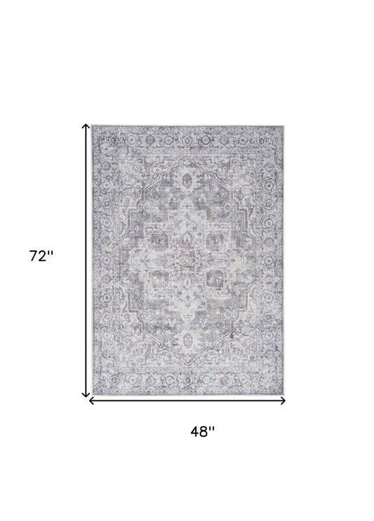 4' X 6' Ivory and Gray Floral Medallion Power Loom Distressed Area Rug