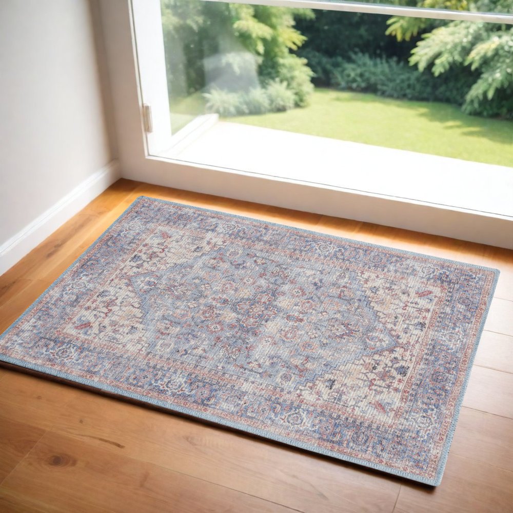 3' X 5' Blue Floral Power Loom Distressed Area Rug