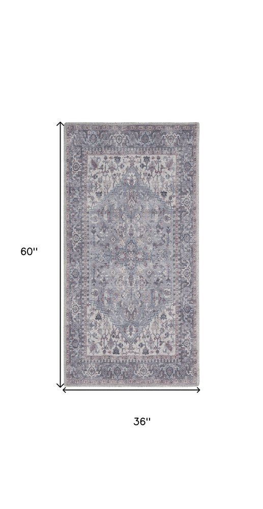 3' X 5' Blue and Beige Floral Power Loom Distressed Area Rug