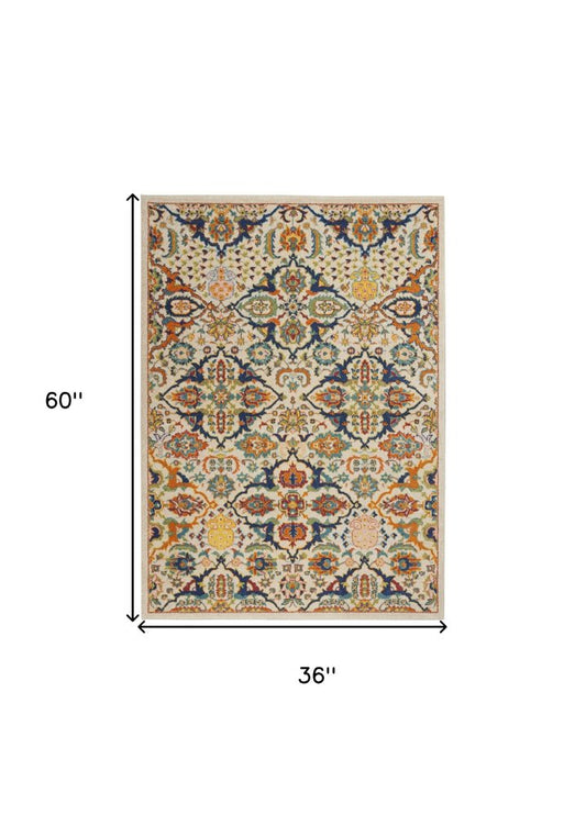 3' X 5' Beige and Blue Floral Power Loom Area Rug