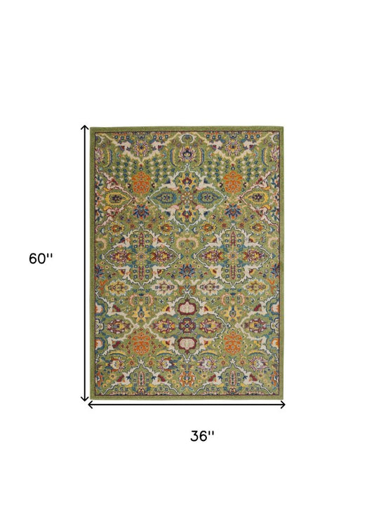 3' X 5' Green and Ivory Floral Power Loom Area Rug