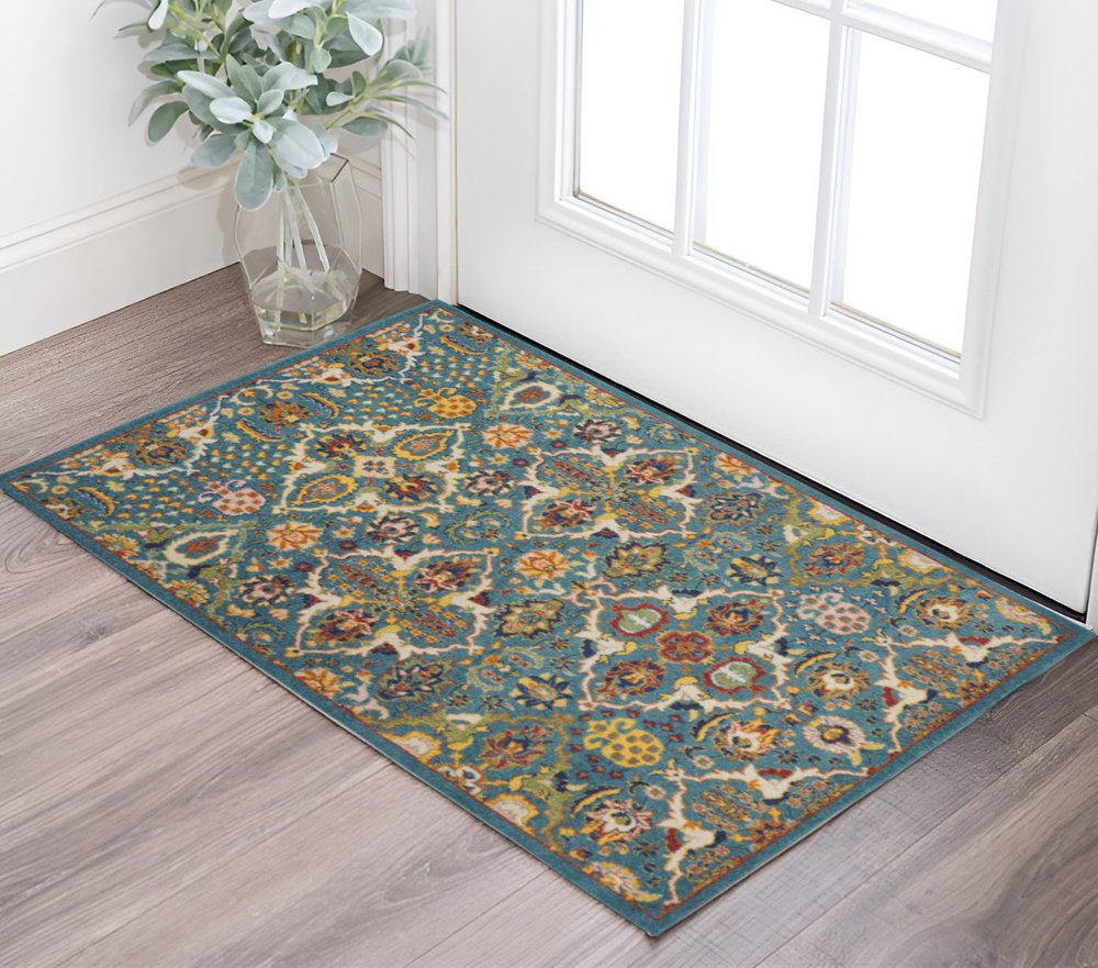 3' X 5' Blue and Ivory Floral Power Loom Area Rug