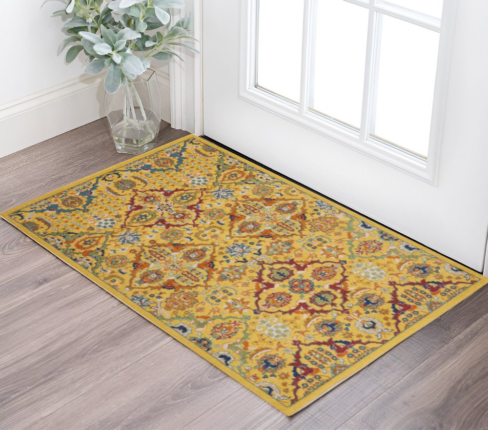 3' X 5' Yellow and Red Floral Power Loom Area Rug