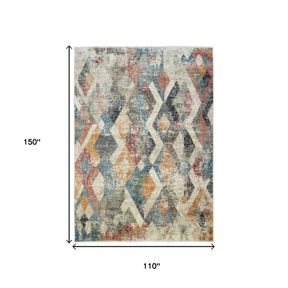 9' X 13' Beige Blue and Gray Geometric Distressed Area Rug With Fringe