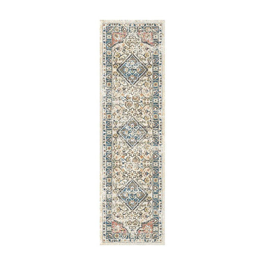 8' Beige Oriental Distressed Runner Rug With Fringe