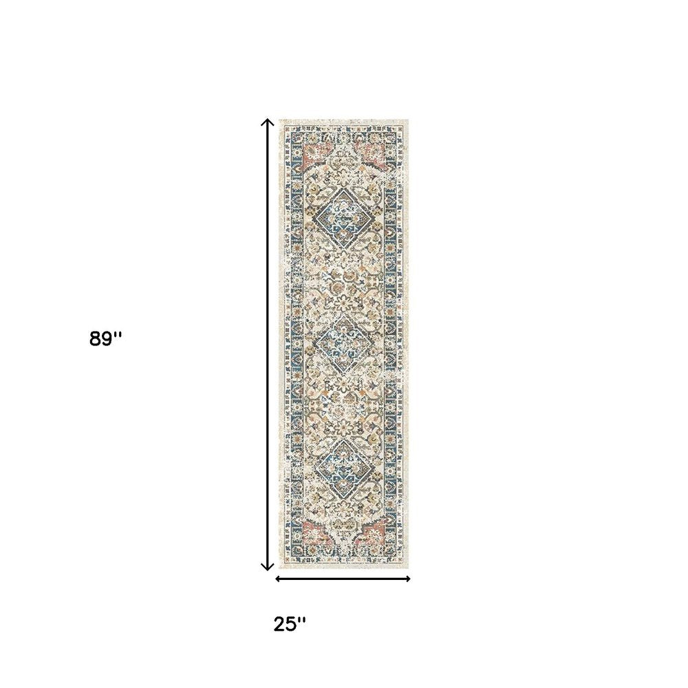 8' Beige Oriental Distressed Runner Rug With Fringe
