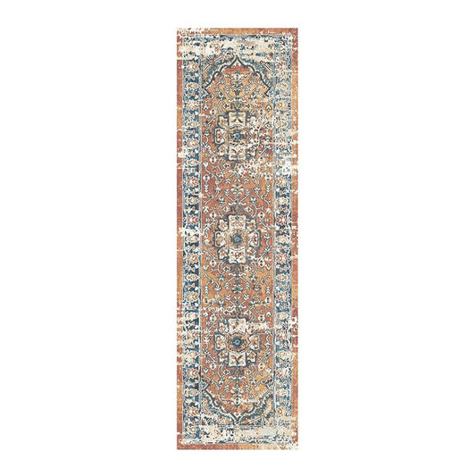8' Rust Oriental Distressed Runner Rug With Fringe
