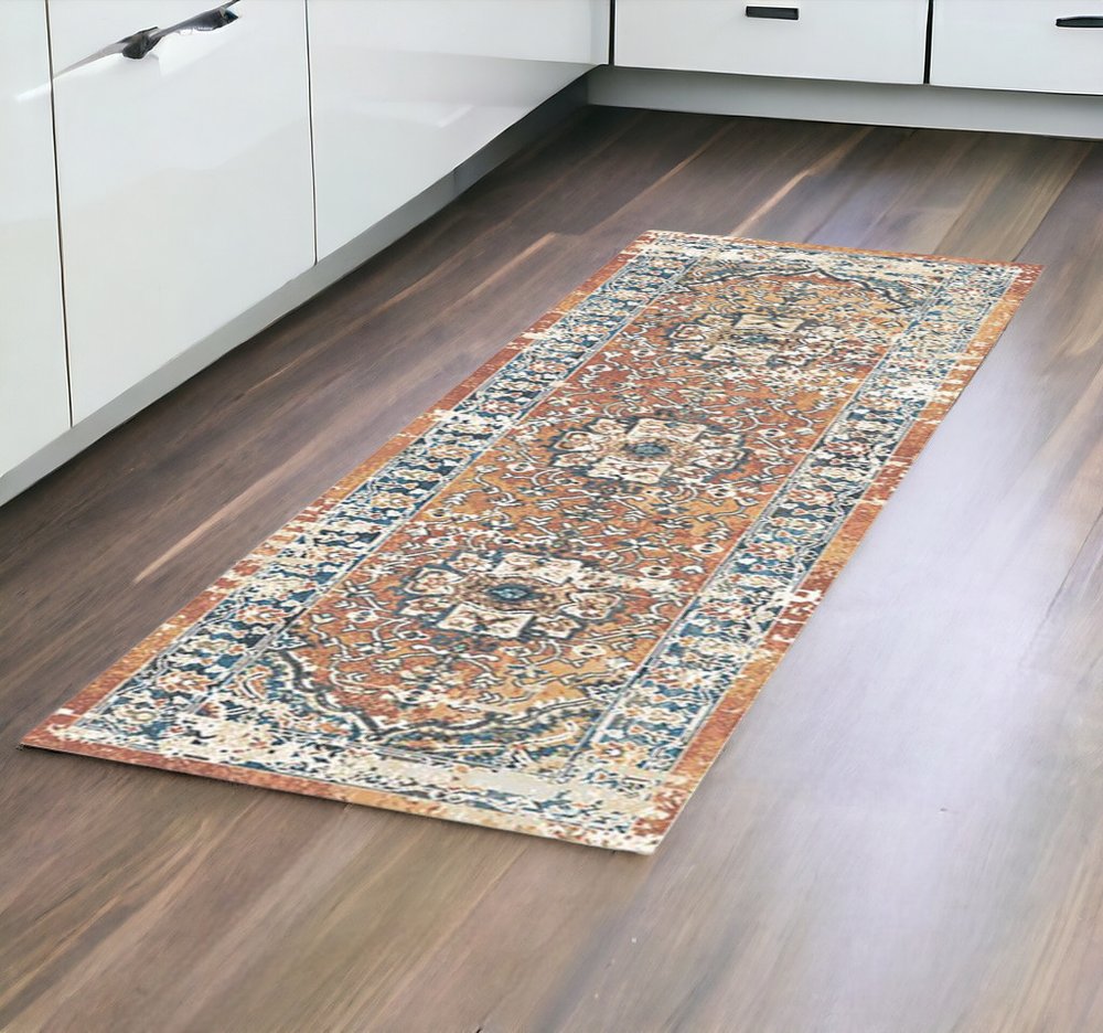 8' Rust Oriental Distressed Runner Rug With Fringe