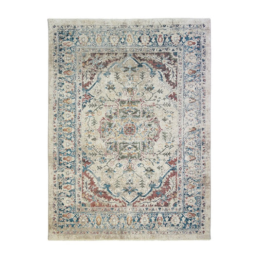 2' X 3' Ivory Blue and Gray Oriental Distressed Area Rug With Fringe