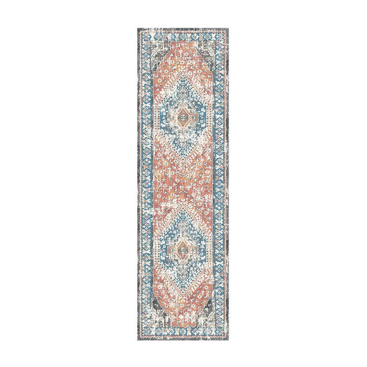 8' Teal Taupe and Rust Geometric Distressed Runner Rug With Fringe
