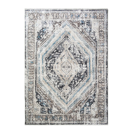 2' X 3' Gray Beige and Blue Geometric Distressed Area Rug With Fringe