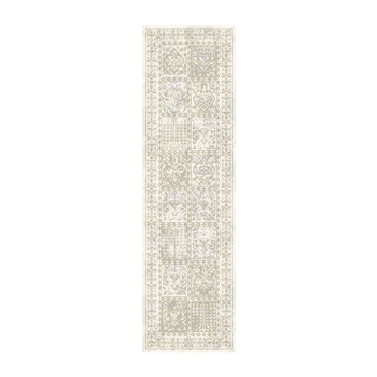 8' Ivory Oriental Distressed Runner Rug With Fringe