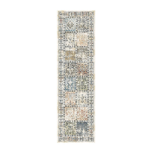 8' Ivory Blue and Gray Patchwork Distressed Runner Rug With Fringe