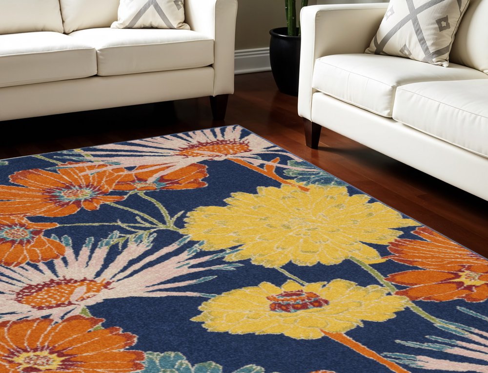 9' X 12' Blue Botanical Leaves Power Loom Area Rug