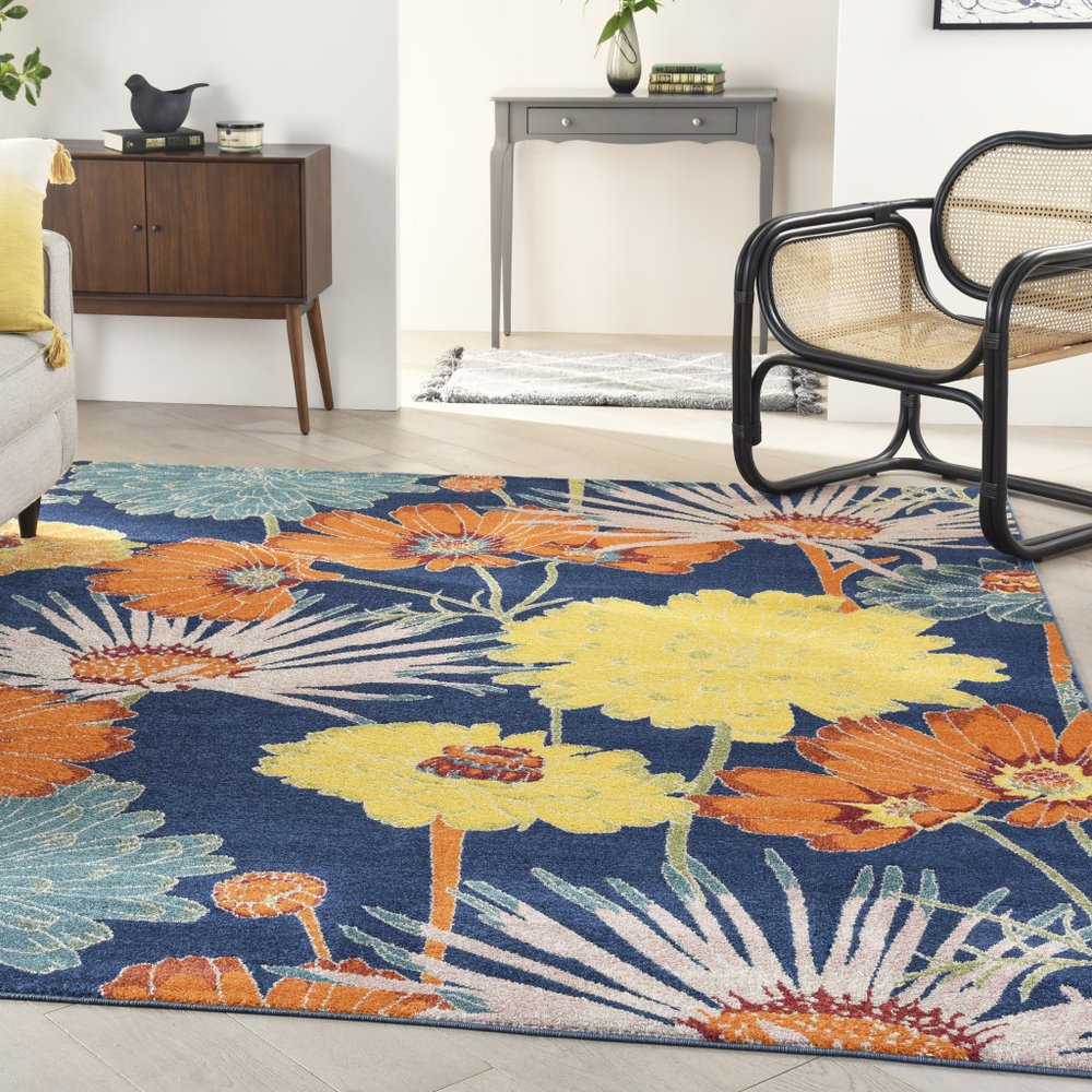 9' X 12' Blue Botanical Leaves Power Loom Area Rug