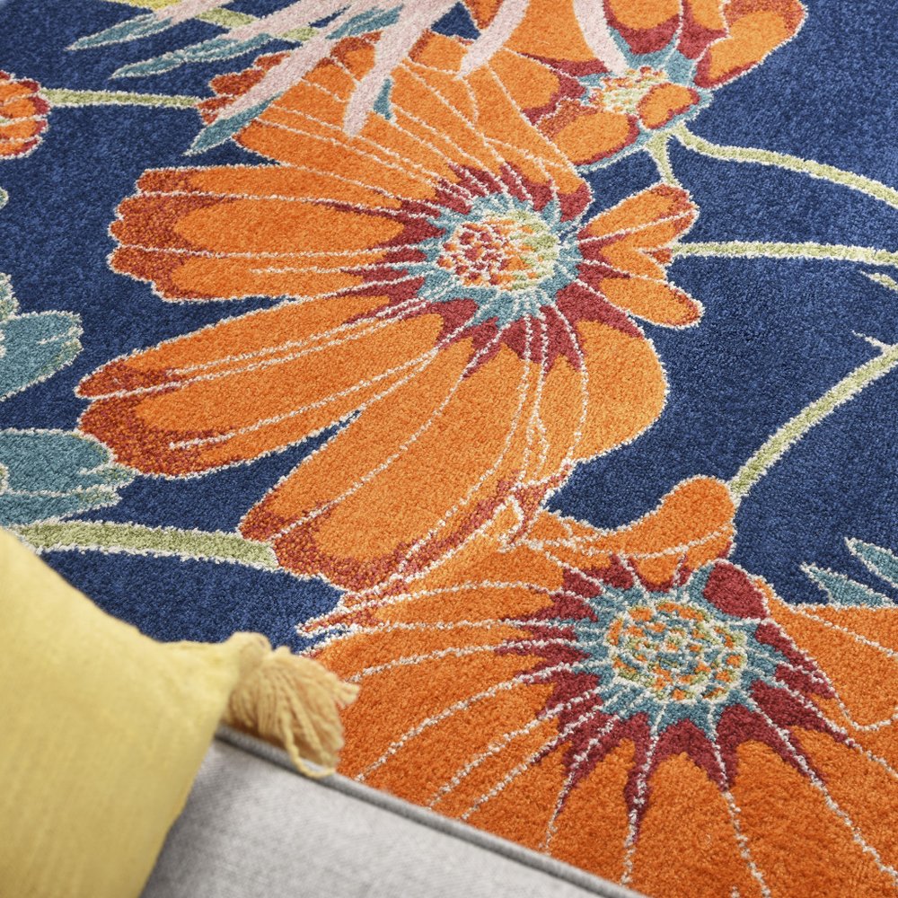 9' X 12' Blue Botanical Leaves Power Loom Area Rug