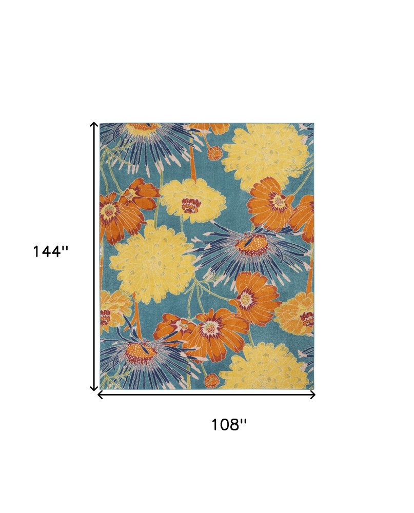 9' X 12' Blue Botanical Leaves Power Loom Area Rug