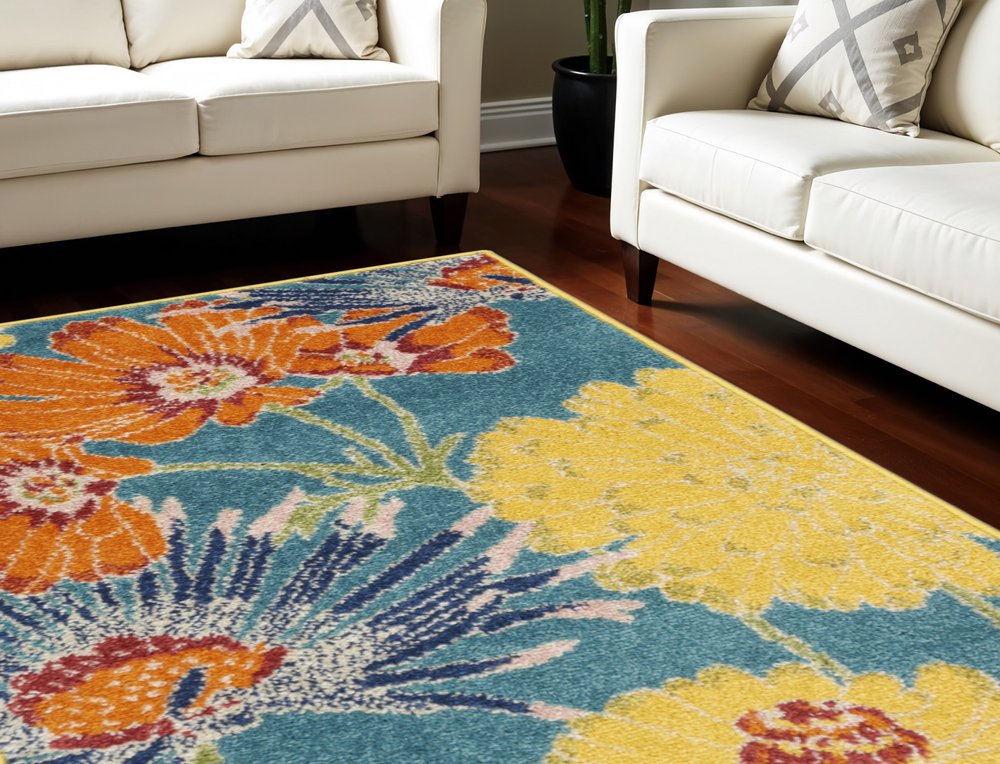 9' X 12' Blue Botanical Leaves Power Loom Area Rug