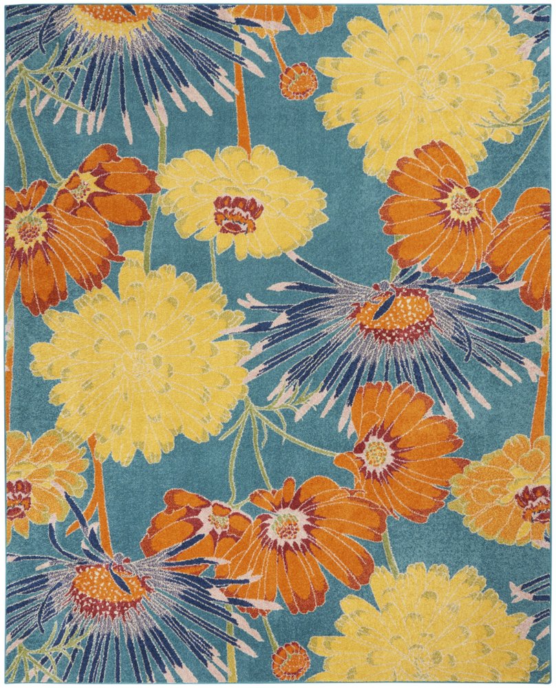 9' X 12' Blue Botanical Leaves Power Loom Area Rug