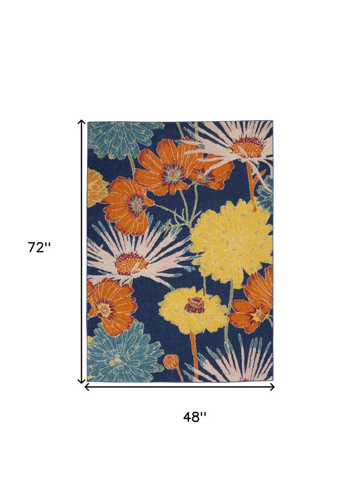 4' X 6' Blue Floral Power Loom Area Rug