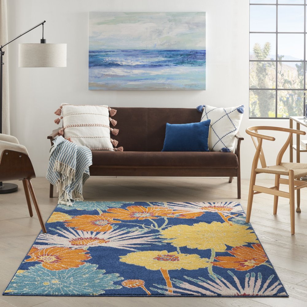 4' X 6' Blue Floral Power Loom Area Rug