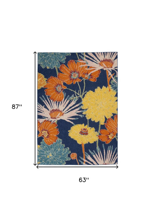 5' X 7' Blue Floral Power Loom Area Rug