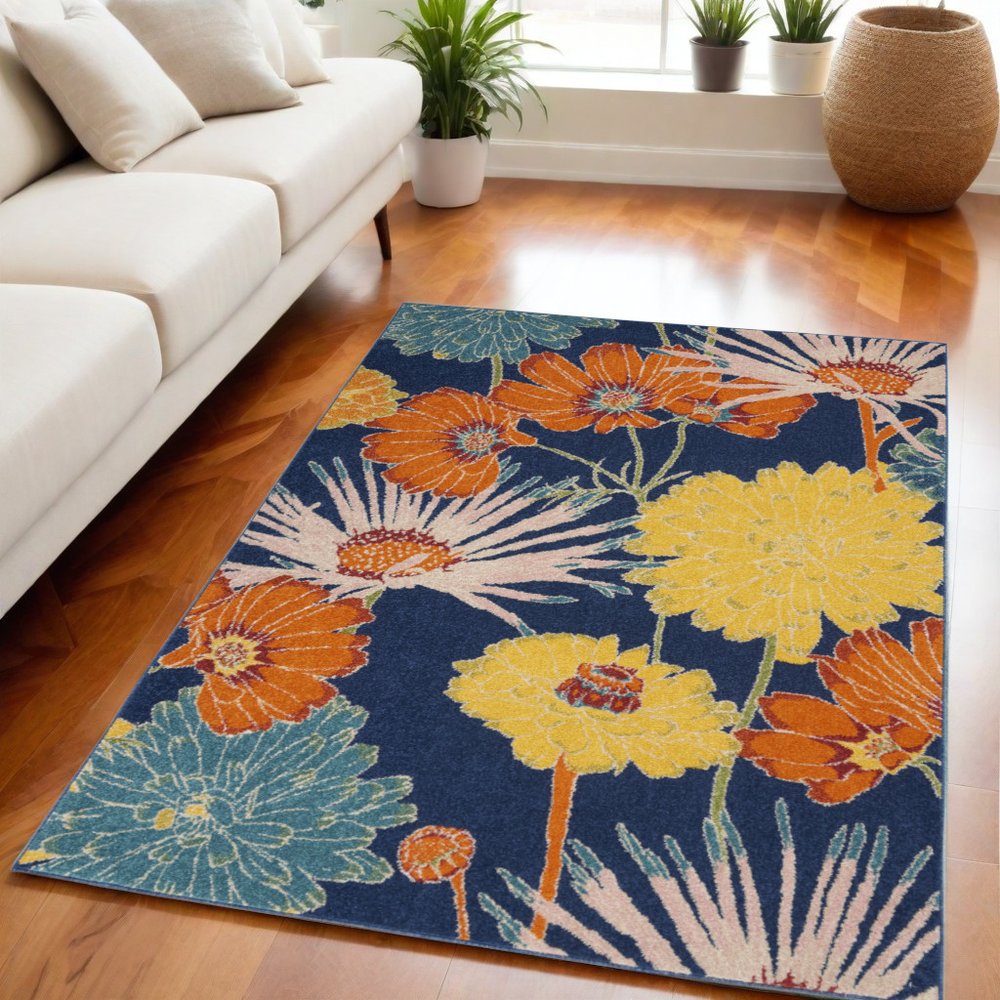 5' X 7' Blue Floral Power Loom Area Rug