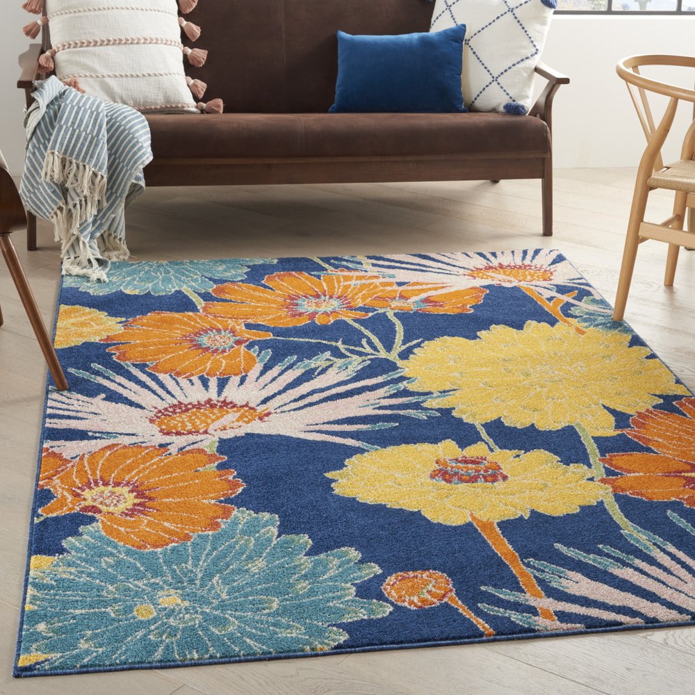 5' X 7' Blue Floral Power Loom Area Rug