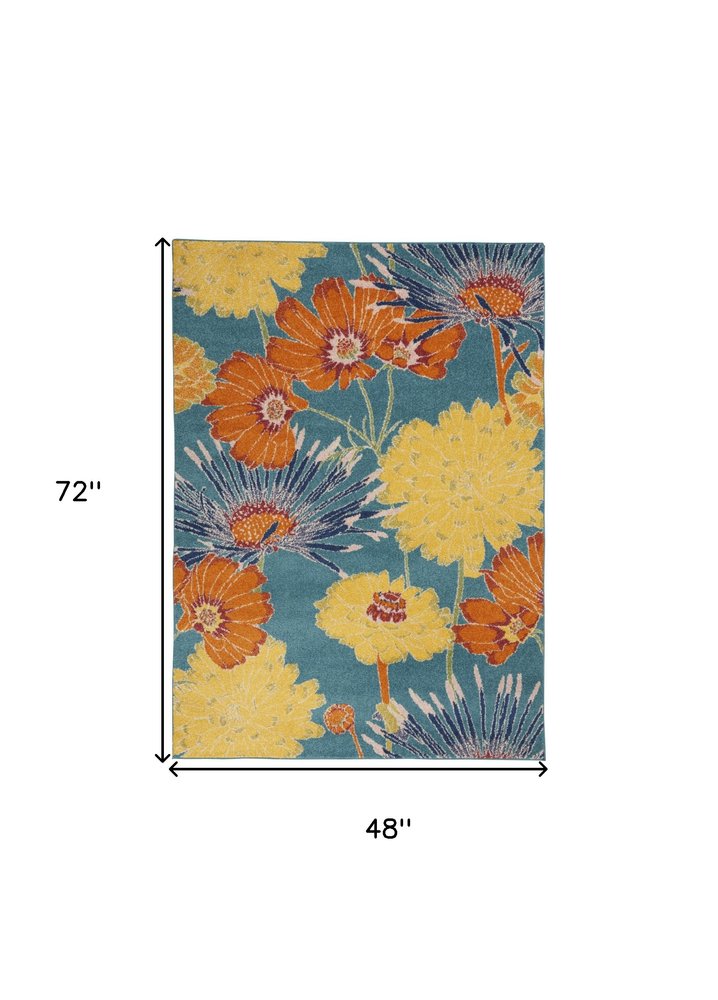 4' X 6' Blue Floral Power Loom Area Rug