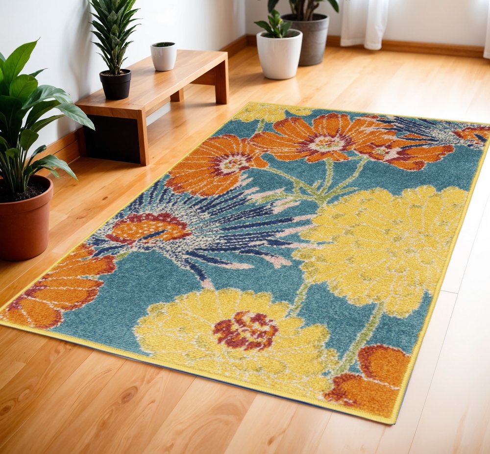 4' X 6' Blue Floral Power Loom Area Rug