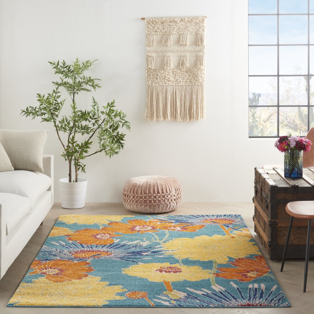4' X 6' Blue Floral Power Loom Area Rug