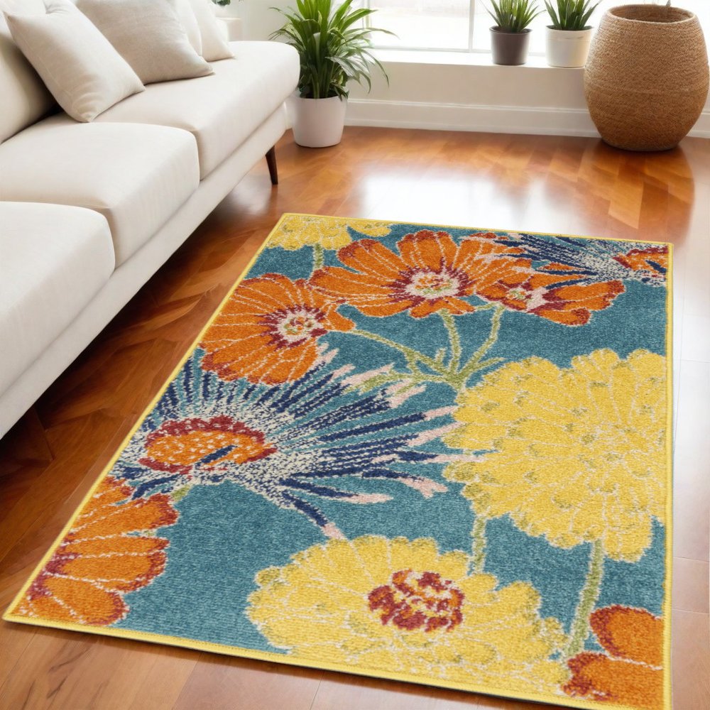 5' X 7' Blue Floral Power Loom Area Rug