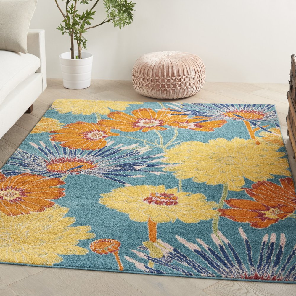 5' X 7' Blue Floral Power Loom Area Rug