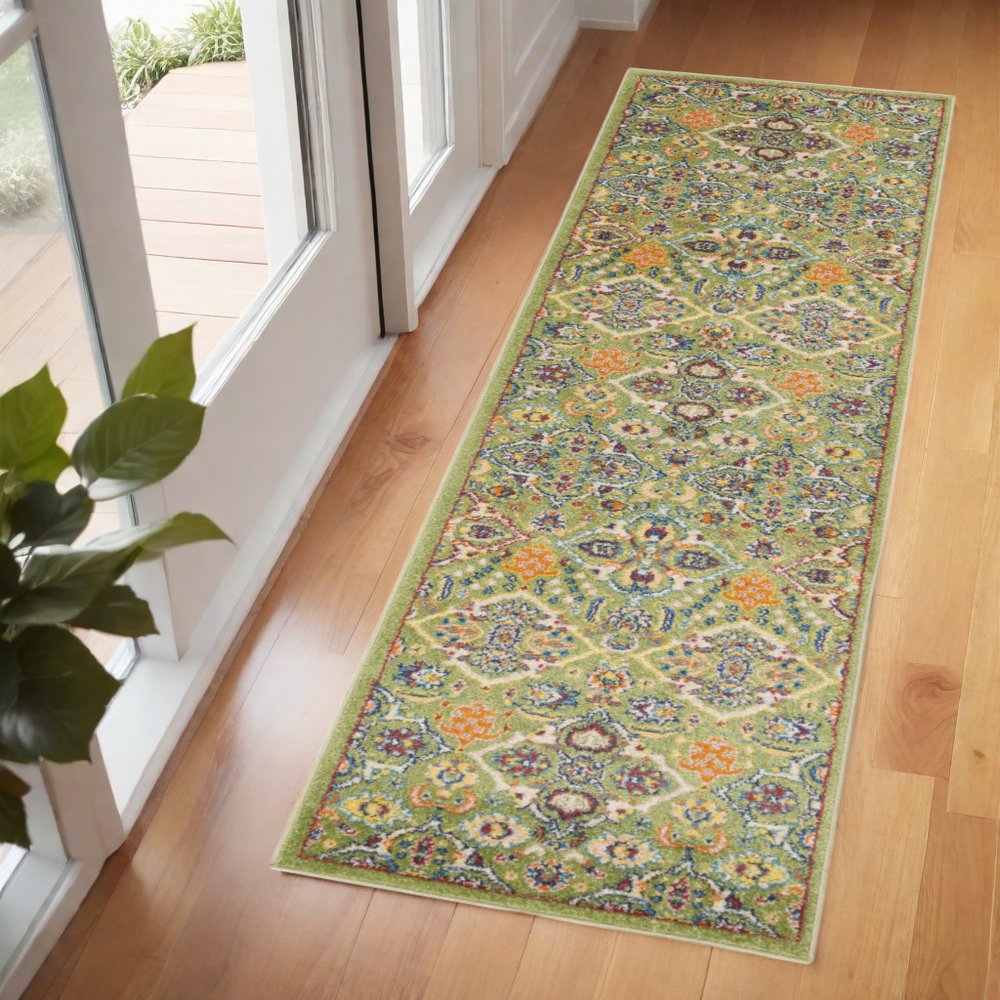 6' Sage And Ivory Floral Runner Rug