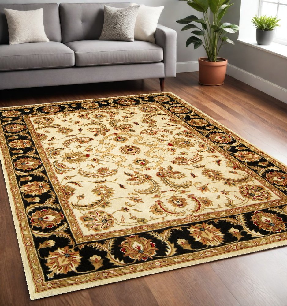 5' X 8' Ivory and Black Oriental Hand Tufted Non Skid Area Rug